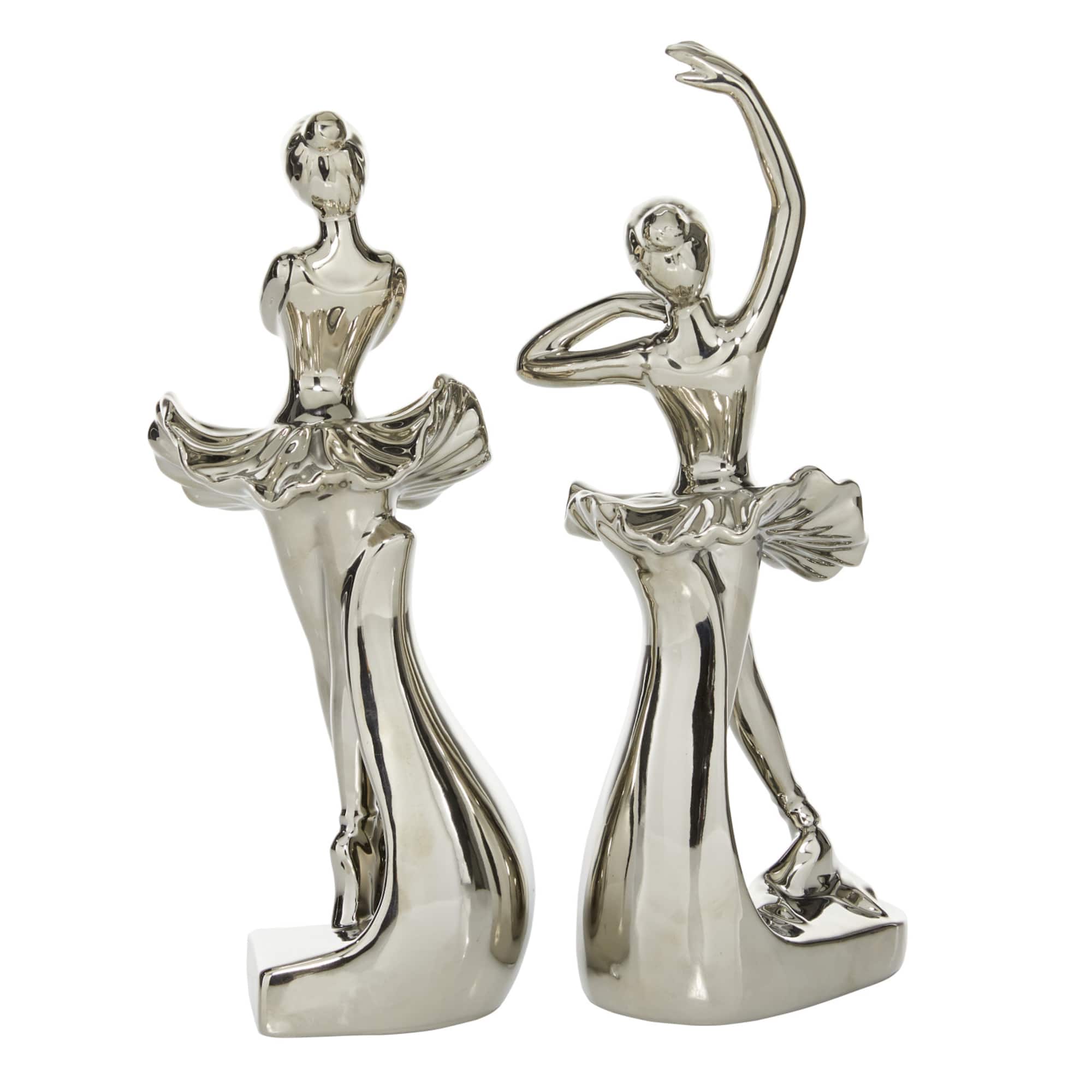 Set of 2 Silver Porcelain Glam Dancer Sculpture, 4" x 11"